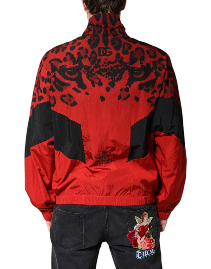 Chaqueta bomber de Dolce & Gabbana en nailon rojo con estampado de leopardo y cierre frontal de cremallera completa