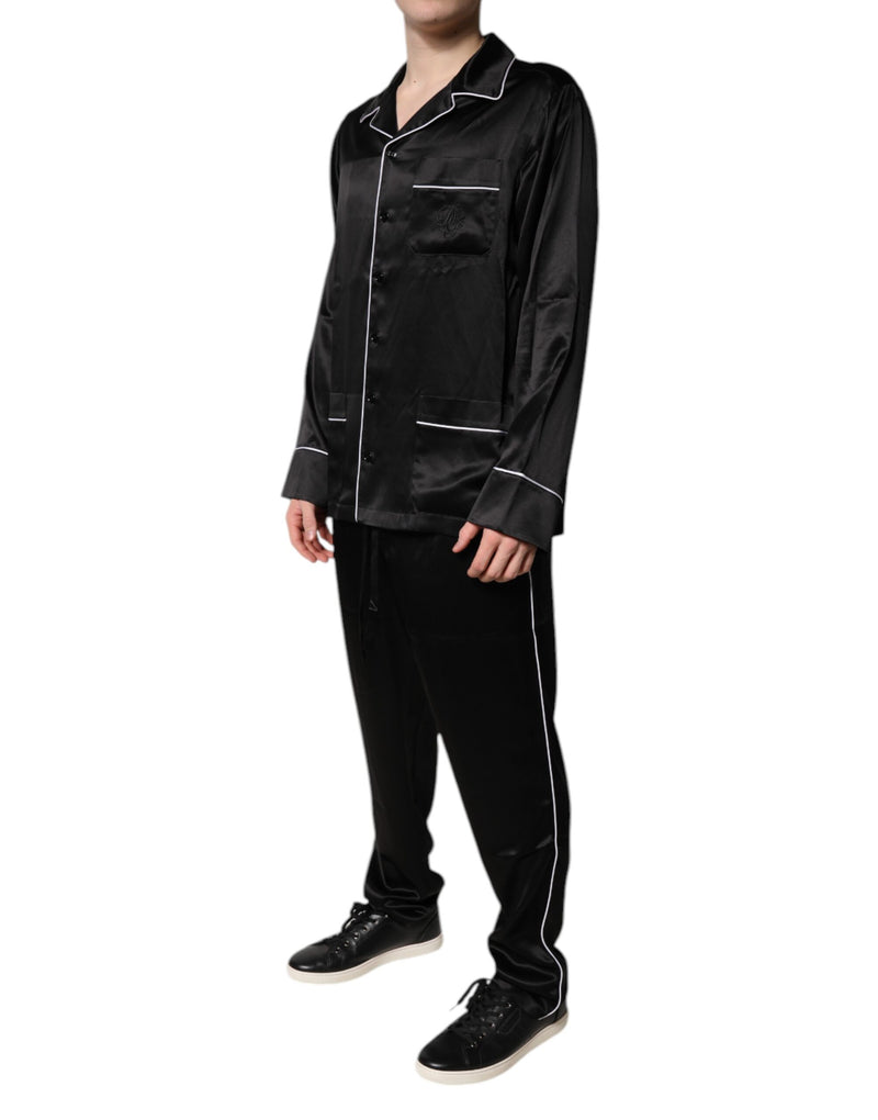 Conjunto de pijama Dolce & Gabbana preto de seda, com camisa e calça