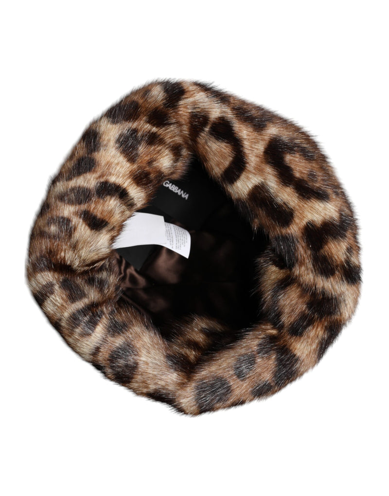 Cappello a secchiello Dolce & Gabbana da donna in ecopelliccia marrone con stampa leopardata