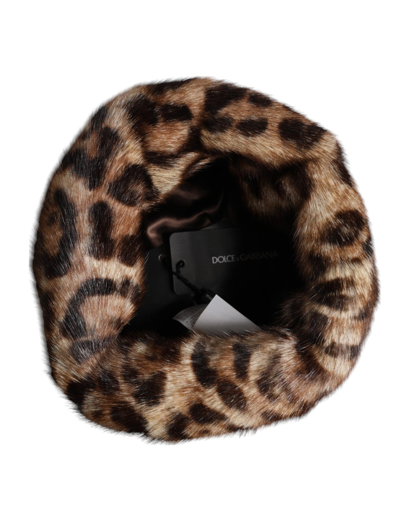 Cappello a secchiello Dolce & Gabbana da donna in ecopelliccia marrone con stampa leopardata