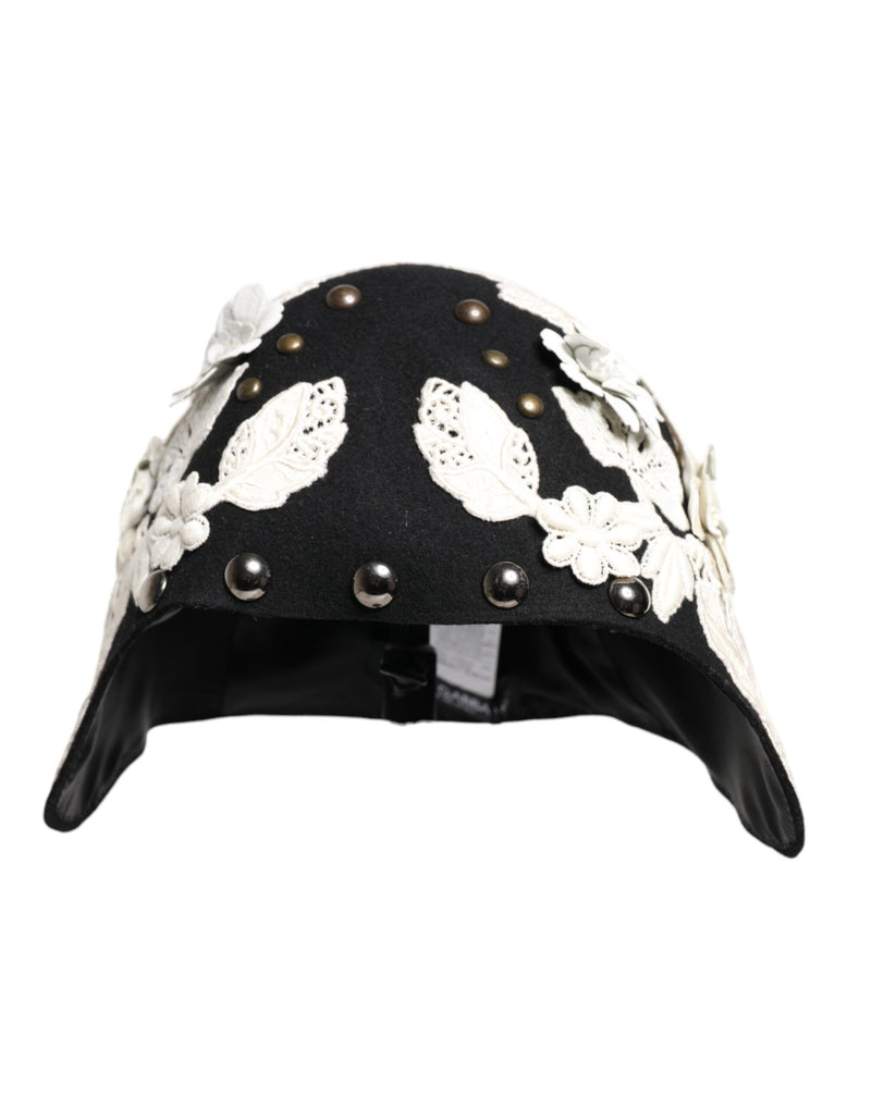 Sombrero cloche de lana negra con flores blancas y hojas doradas de Dolce & Gabbana