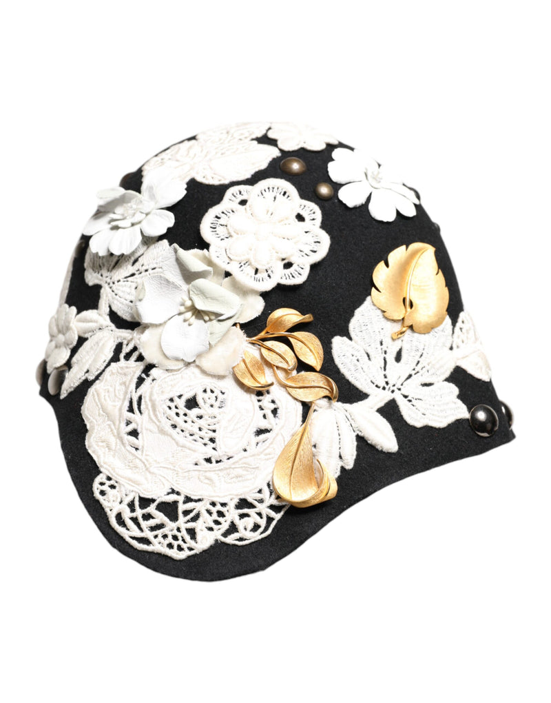 Sombrero cloche de lana negra con flores blancas y hojas doradas de Dolce & Gabbana