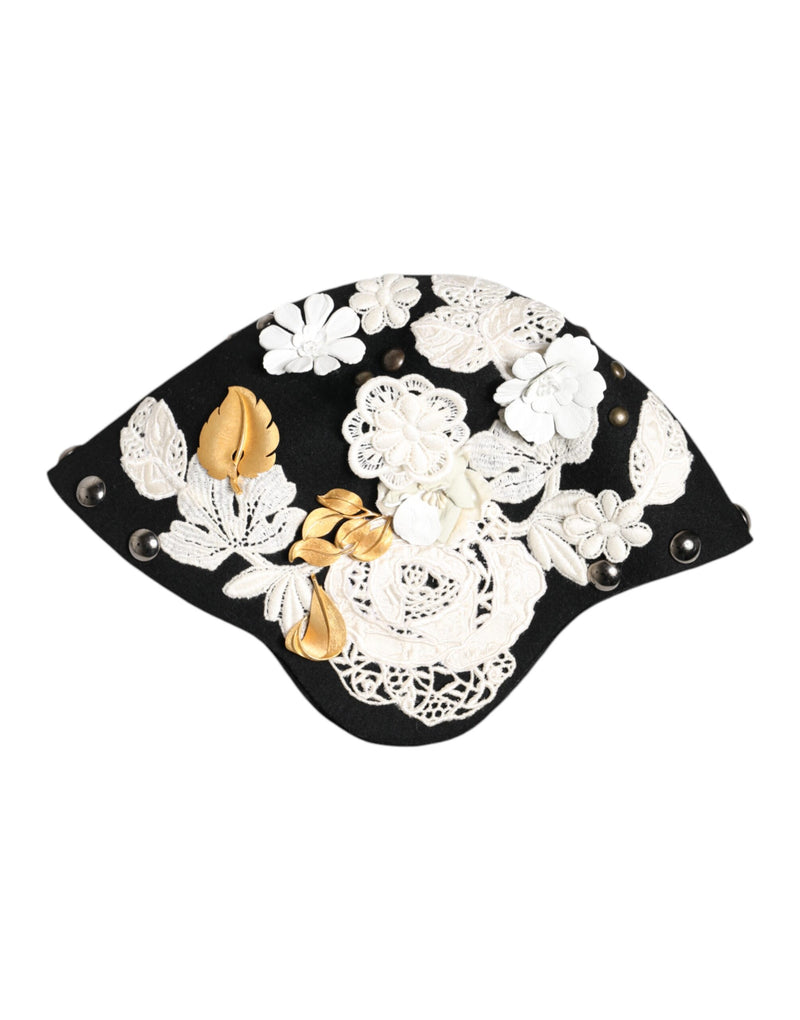 Sombrero cloche de lana negra con flores blancas y hojas doradas de Dolce & Gabbana