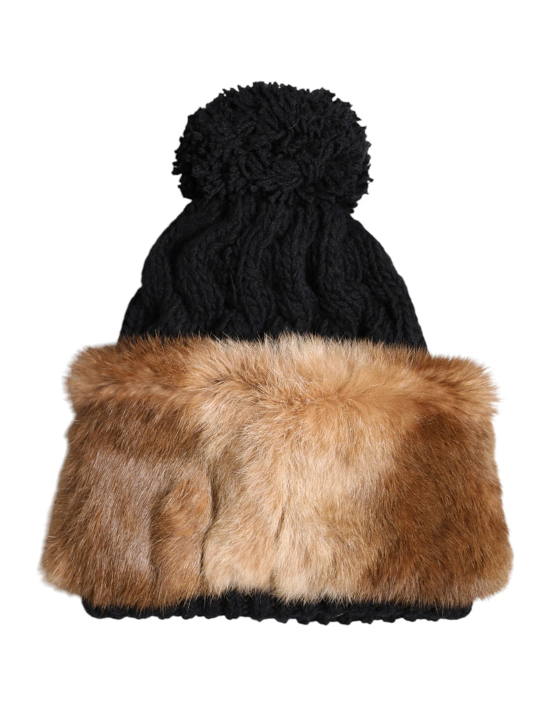 Bonnet d’hiver noir et marron Dolce & Gabbana en véritable fourrure de lapin teintée