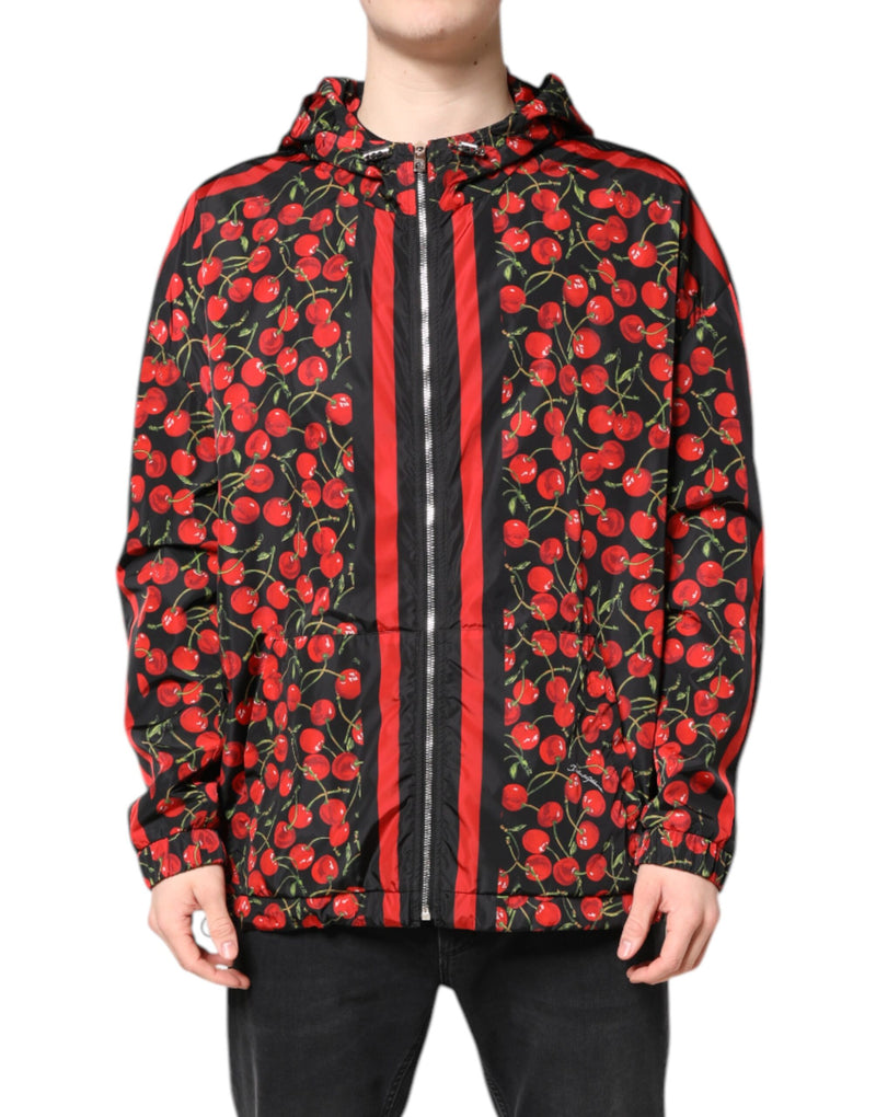Jaqueta corta-vento preta Dolce & Gabbana com estampa de cerejas e capuz