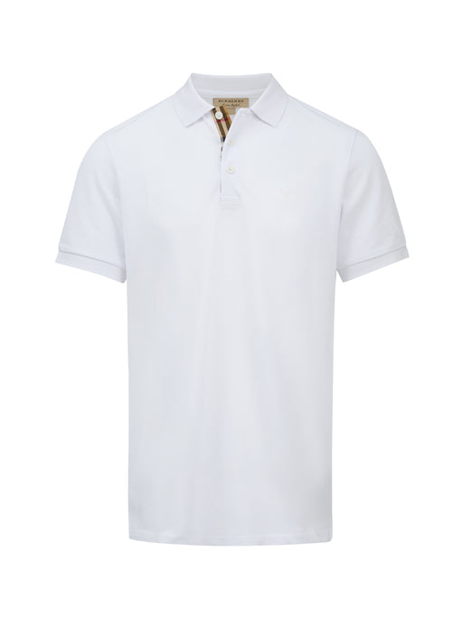 Front view of the Burberry White Cotton Short Sleeve Polo Shirt for Men, a Burberry Polo Shirt for Men in white cotton with a classic collar and short sleeves. Available at Urbalenti NYC, item 13879, style 79661269043, in Clothing under Discount_70-79, in-stock, IT46 | S, Men, New with tags, Polo Shirts - T-Shirts - Clothing, White.