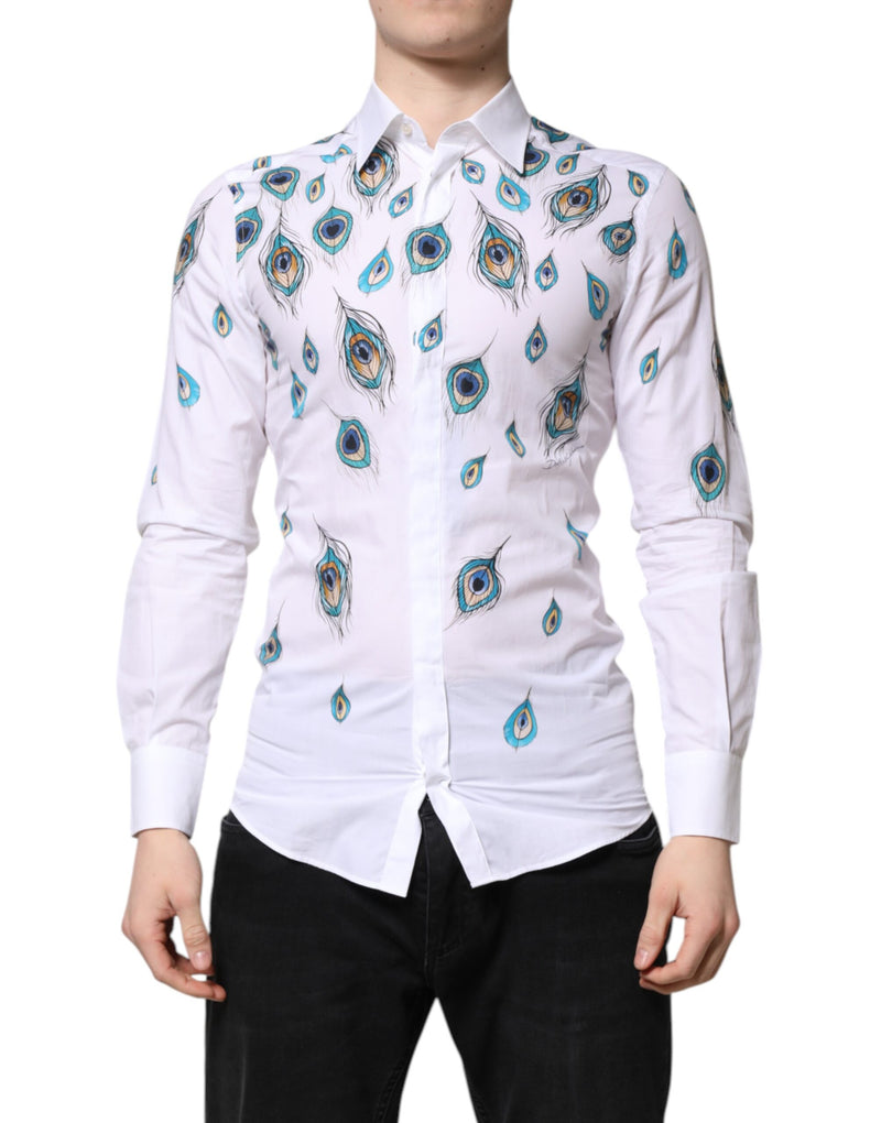 Chemise habillée blanche en coton à imprimé plumes dorées Dolce & Gabbana