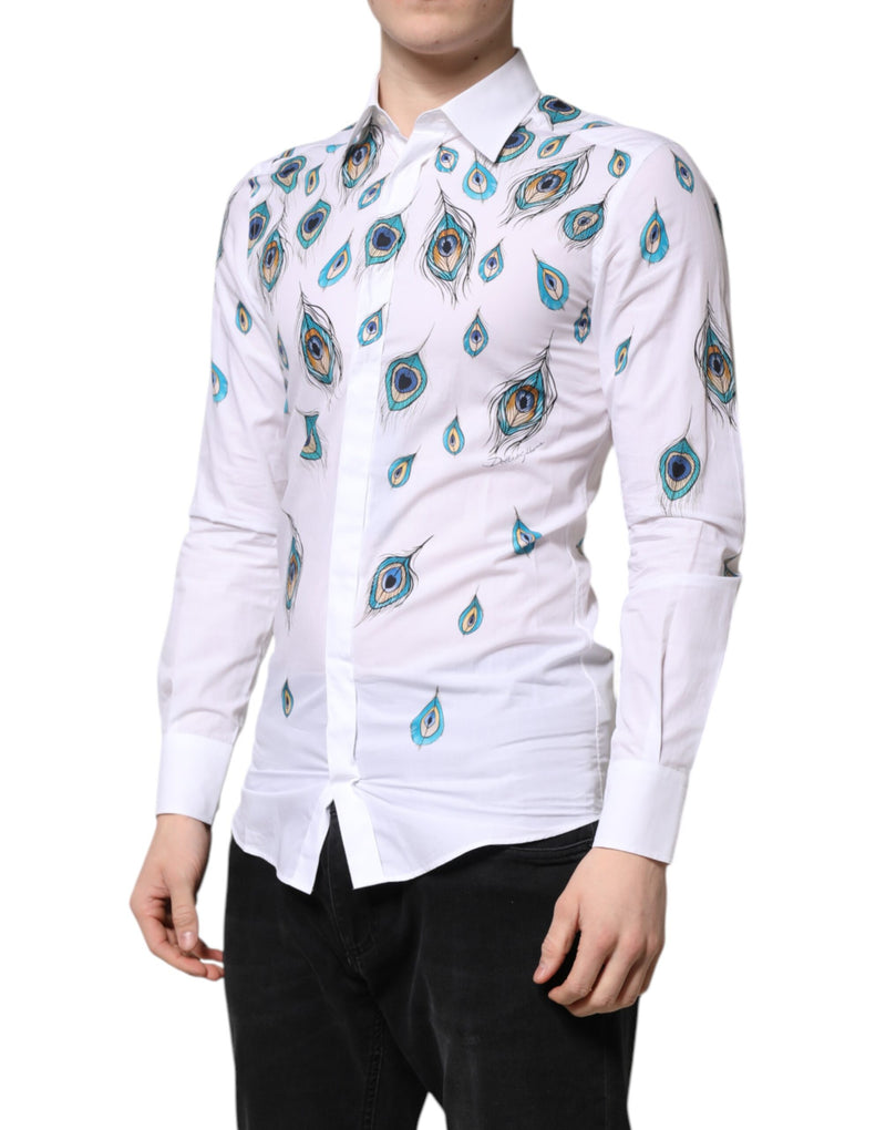 Chemise habillée blanche en coton à imprimé plumes dorées Dolce & Gabbana