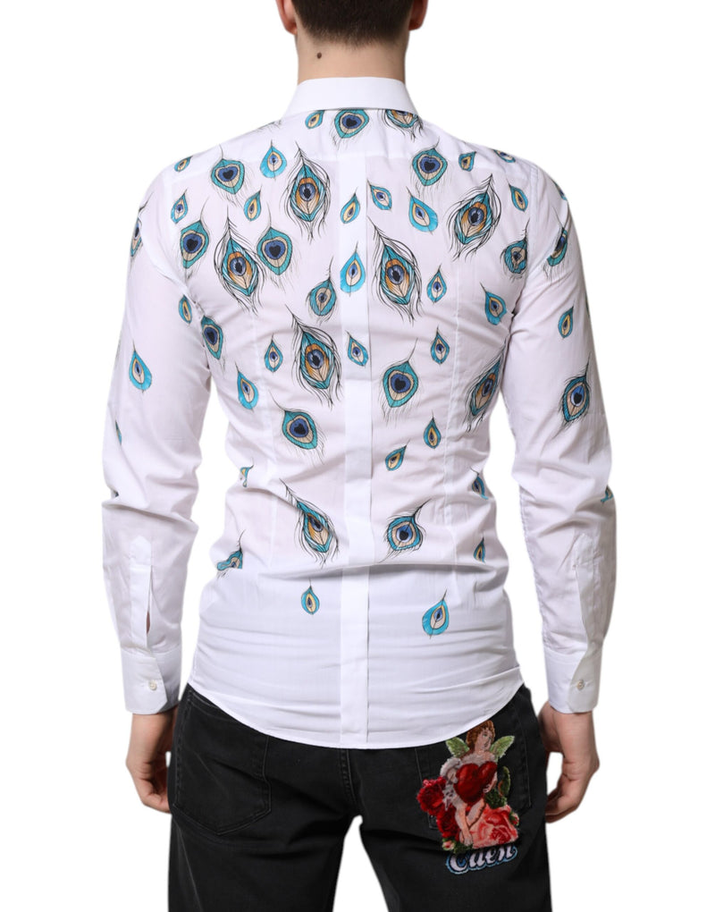 Chemise habillée blanche en coton à imprimé plumes dorées Dolce & Gabbana