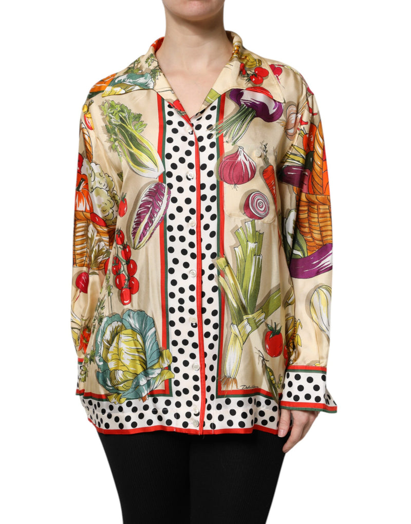 Top multicolor de seda con estampado de verduras y manga larga de Dolce & Gabbana