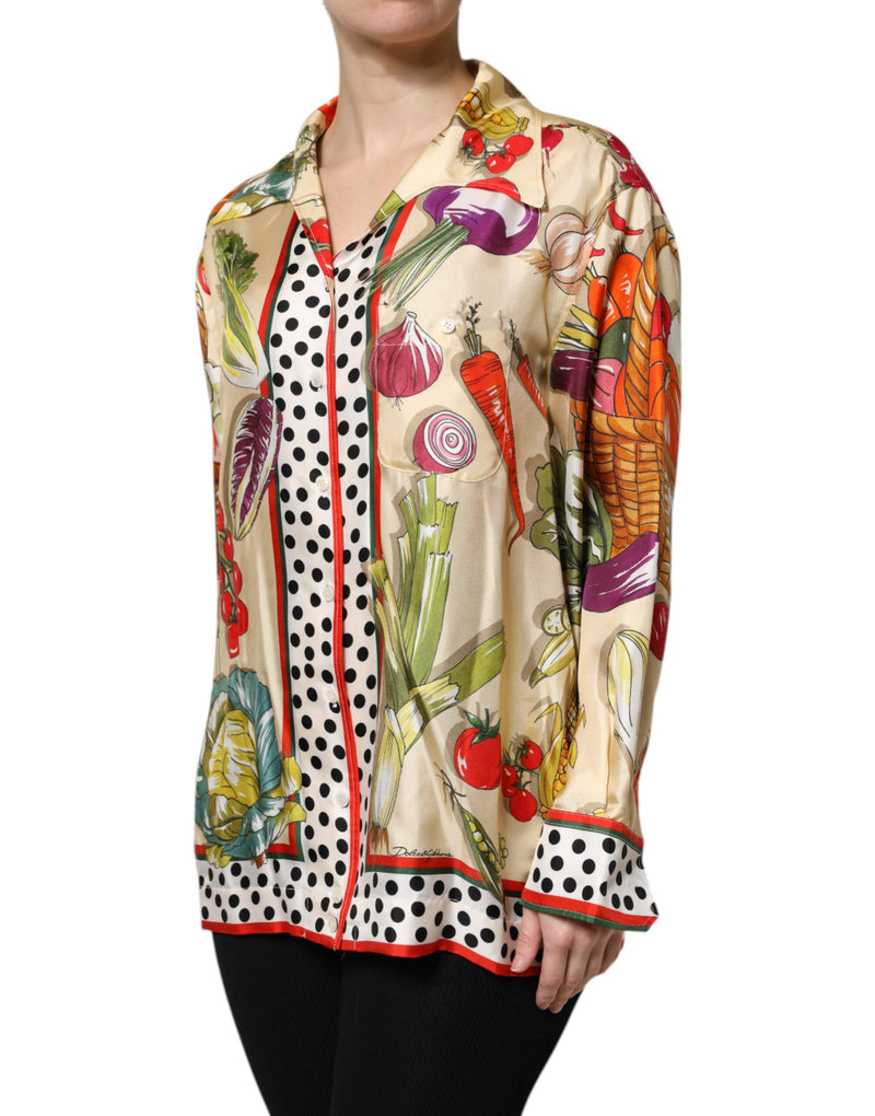 Top multicolor de seda con estampado de verduras y manga larga de Dolce & Gabbana