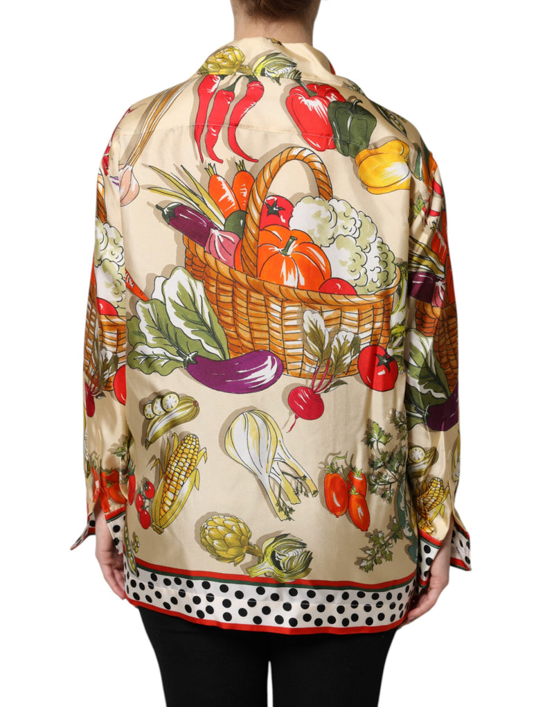 Top multicolor de seda con estampado de verduras y manga larga de Dolce & Gabbana