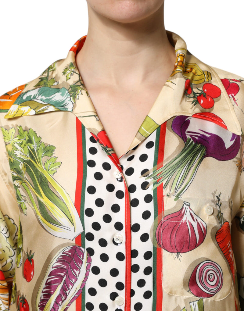 Top multicolor de seda con estampado de verduras y manga larga de Dolce & Gabbana