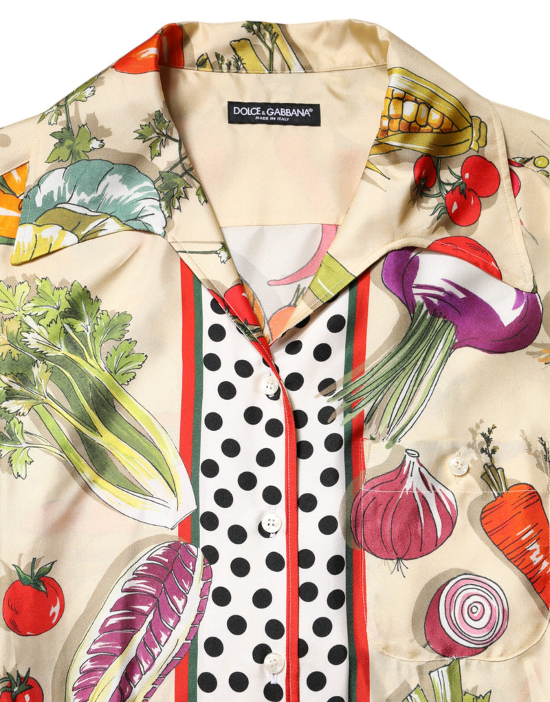 Top multicolor de seda con estampado de verduras y manga larga de Dolce & Gabbana