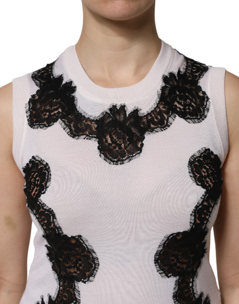 Dolce & Gabbana White Cashmere Floral Lace Detailing Tank Top