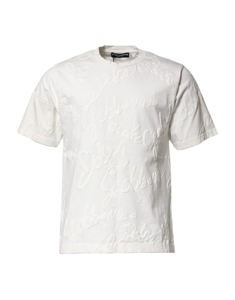 Dolce & Gabbana White Cotton Logo Embossed Crew Neck T-shirt