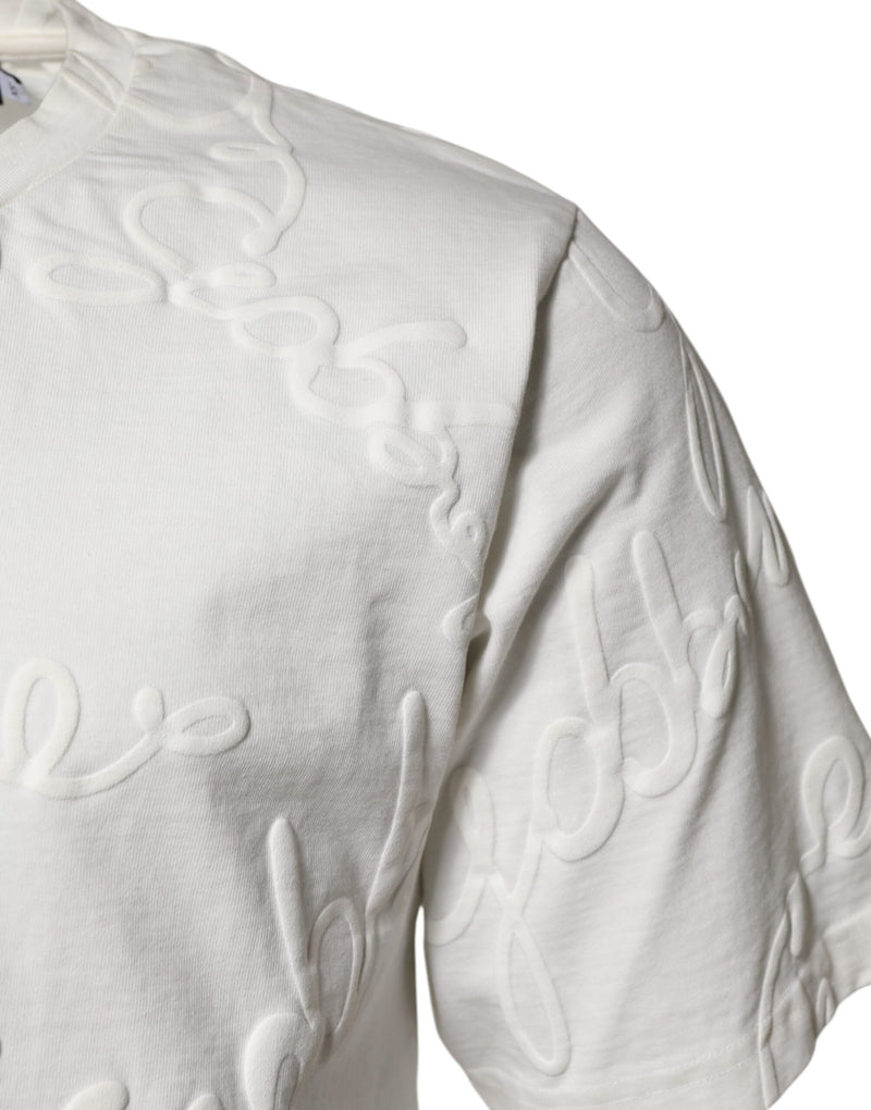 Dolce & Gabbana White Cotton Logo Embossed Crew Neck T-shirt