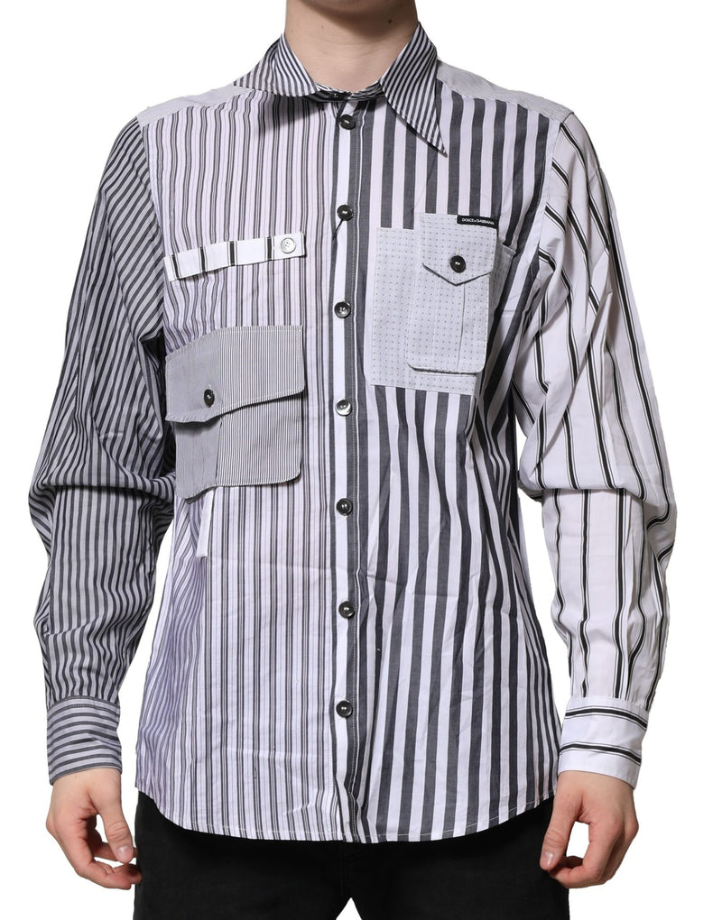 Camicia casual da uomo in cotone bianco e grigio a righe Dolce & Gabbana