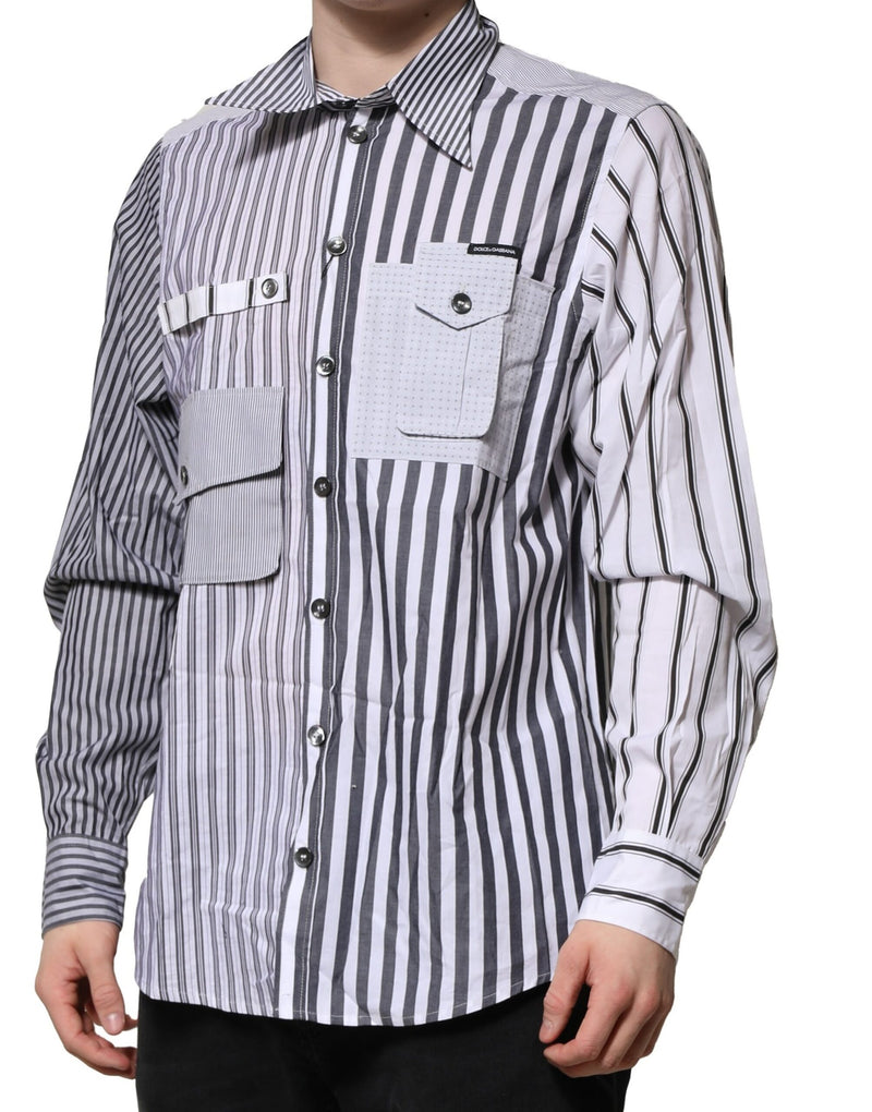Camicia casual da uomo in cotone bianco e grigio a righe Dolce & Gabbana