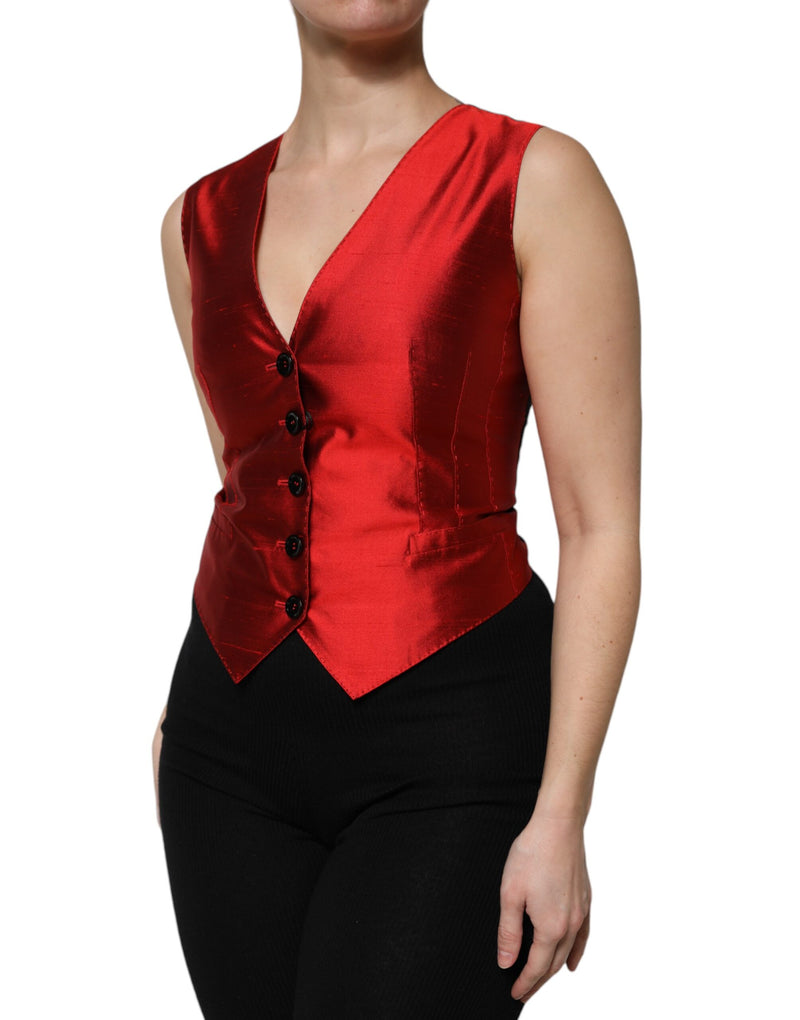 Dolce & Gabbana Red Black Button Down Sleeveless Vest Top
