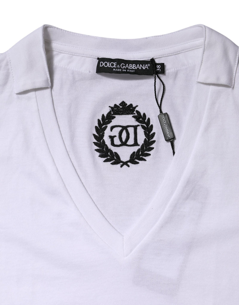 T-shirt blanc à manches courtes et col en V en coton Dolce & Gabbana
