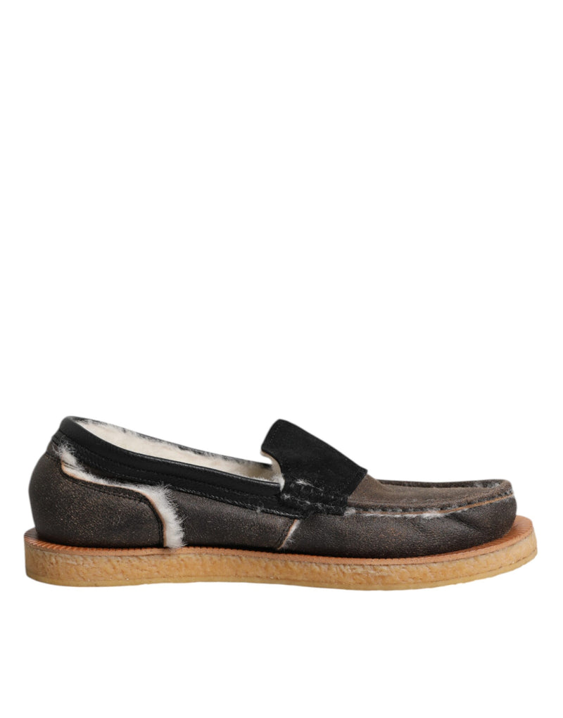Dolce & Gabbana Brown White Calfskin Leather Loafers Shoes