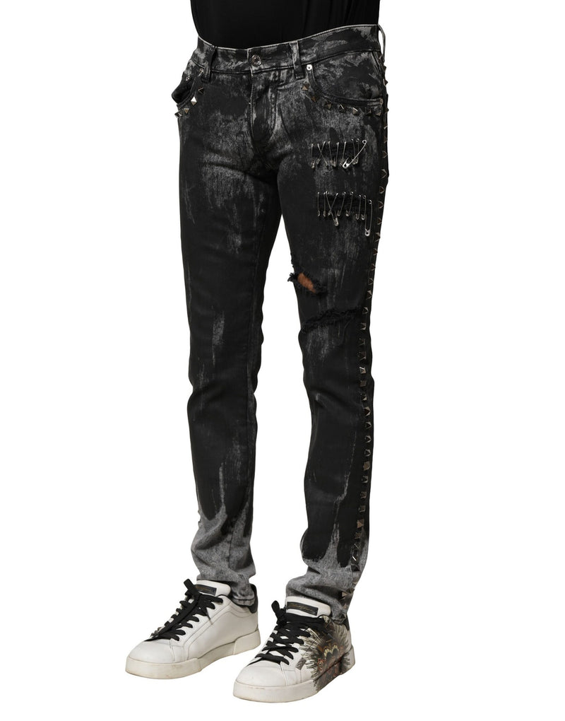 Vaqueros ajustados de mezclilla negra lavada con adornos Dolce & Gabbana