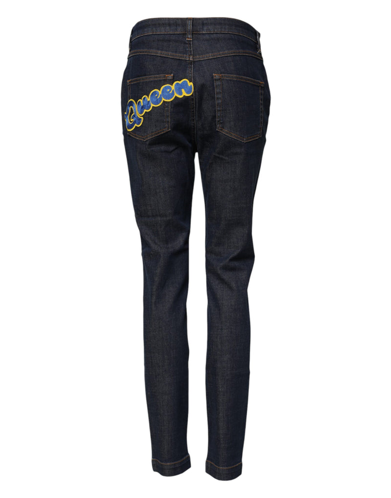 Jeans Dolce & Gabbana in denim blu a vita media con patch Queen AUDREY