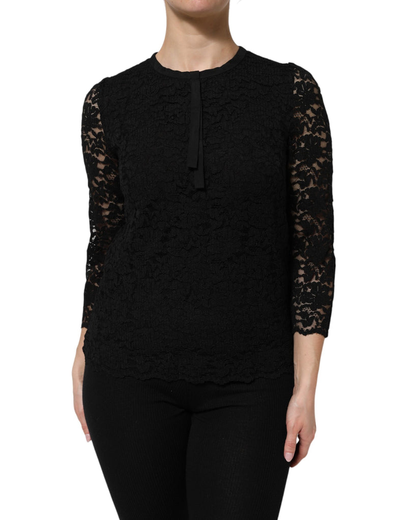 Blusa Dolce & Gabbana in nylon nero con pizzo e maniche lunghe