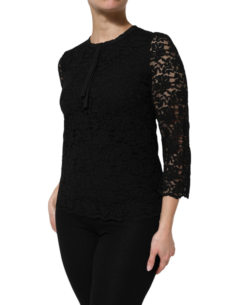 Blusa Dolce & Gabbana in nylon nero con pizzo e maniche lunghe