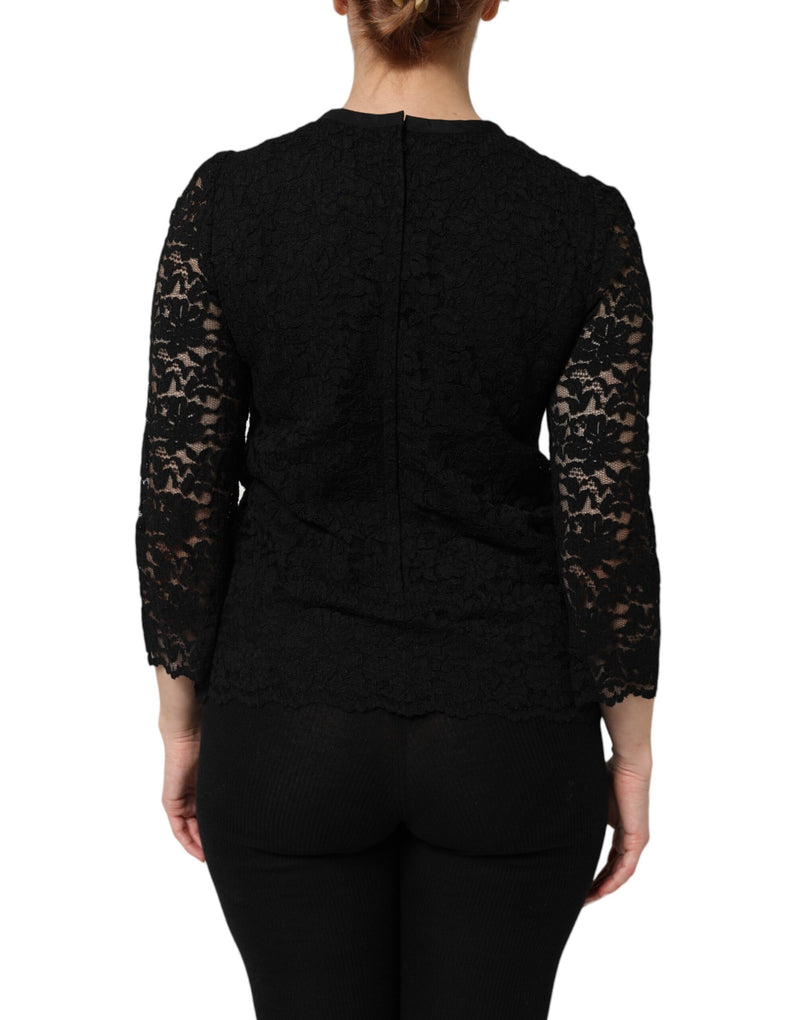 Blusa Dolce & Gabbana in nylon nero con pizzo e maniche lunghe