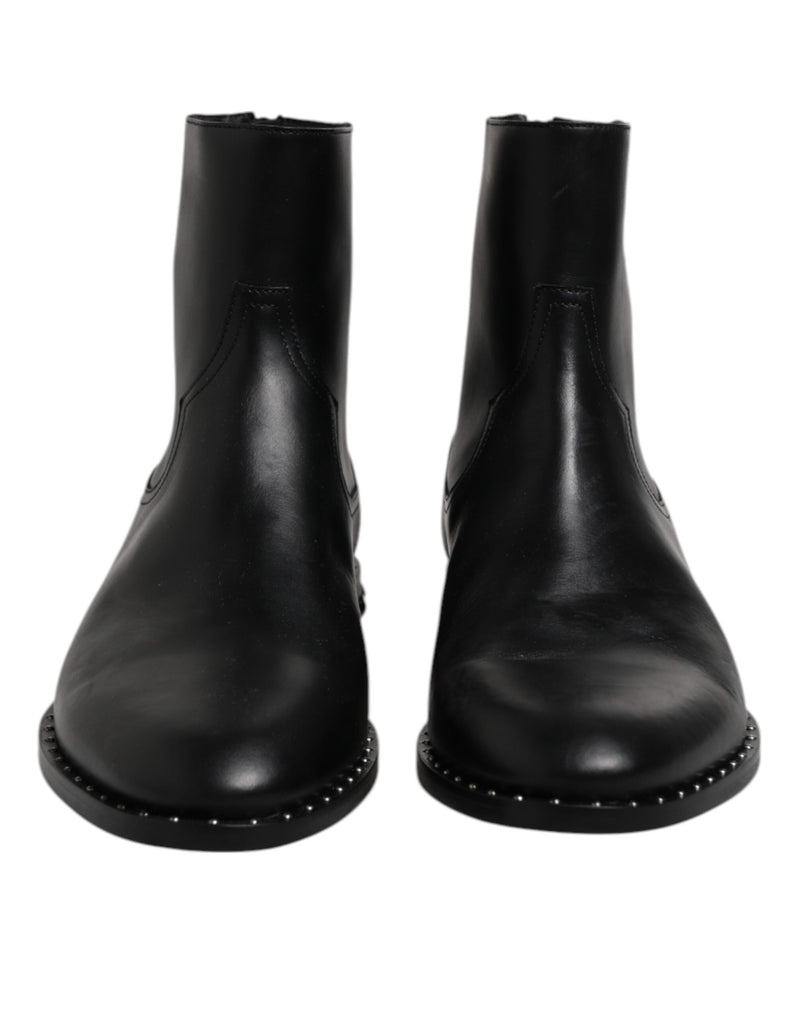 Botas de cano curto de couro preto com logo e tachas Dolce & Gabbana