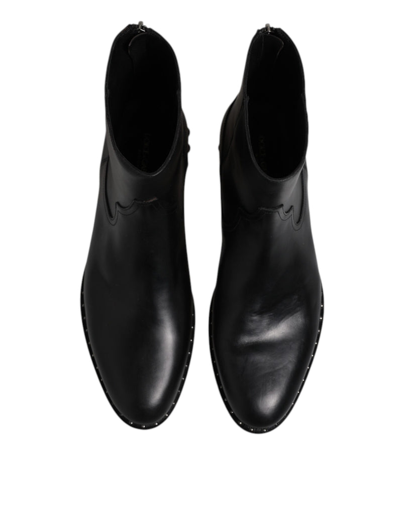 Botas de cano curto de couro preto com logo e tachas Dolce & Gabbana