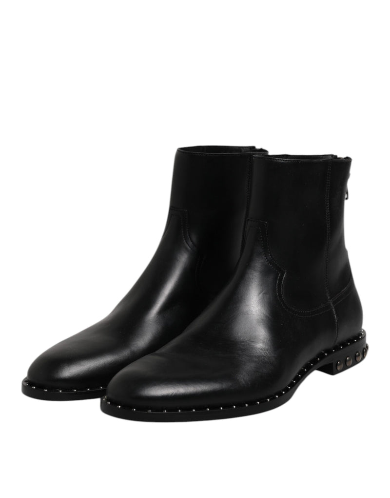 Botas de cano curto de couro preto com logo e tachas Dolce & Gabbana