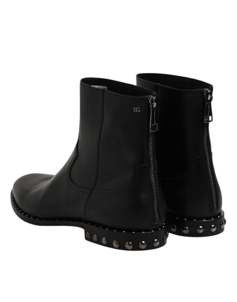 Botas de cano curto de couro preto com logo e tachas Dolce & Gabbana