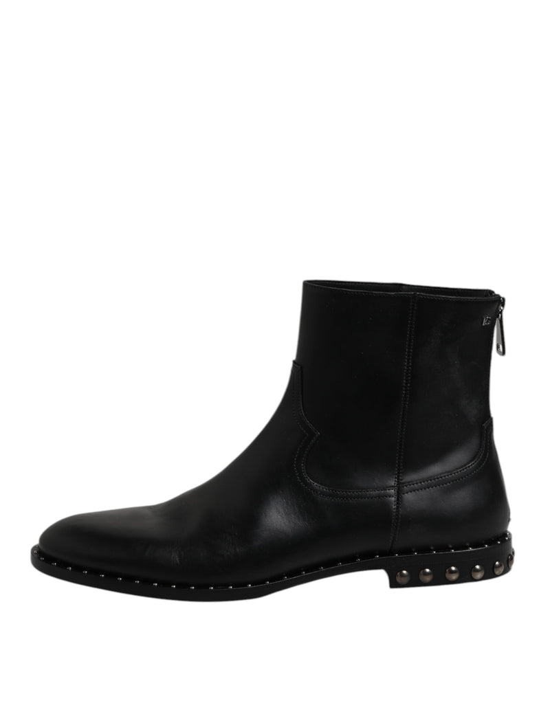 Botas de cano curto de couro preto com logo e tachas Dolce & Gabbana