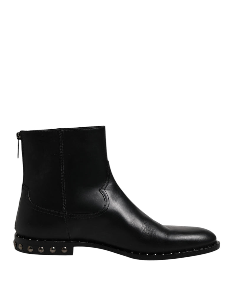 Botas de cano curto de couro preto com logo e tachas Dolce & Gabbana