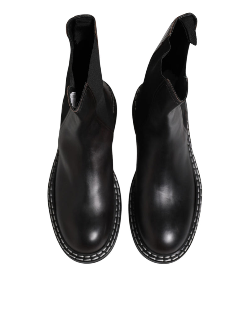 Chaussures Bottes plates à mi-mollet en cuir noir Dolce & Gabbana