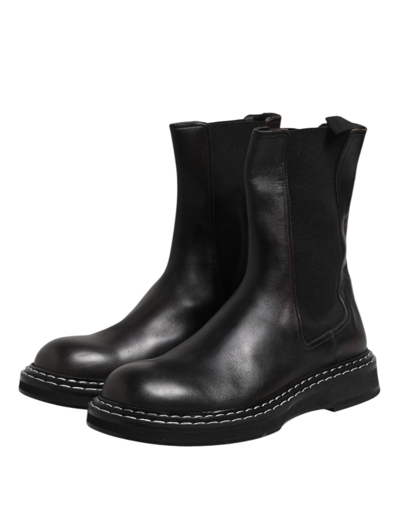 Chaussures Bottes plates à mi-mollet en cuir noir Dolce & Gabbana