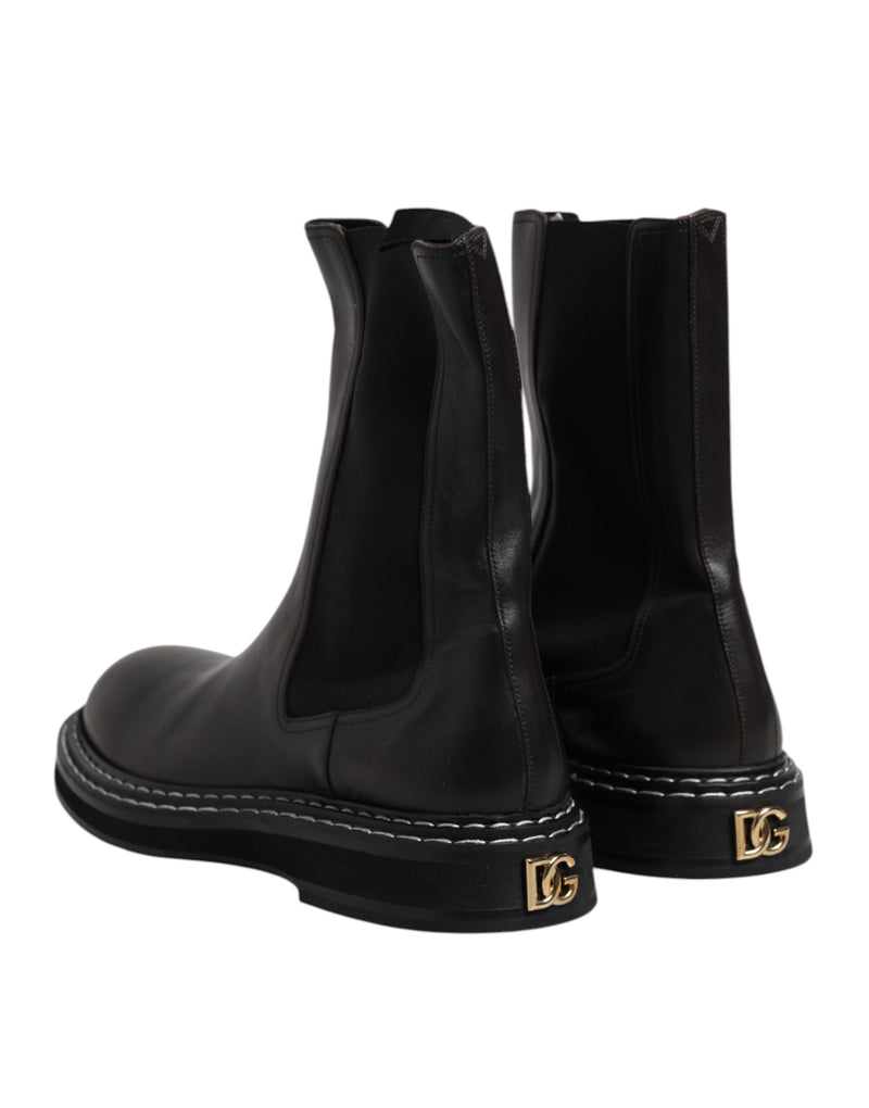 Chaussures Bottes plates à mi-mollet en cuir noir Dolce & Gabbana