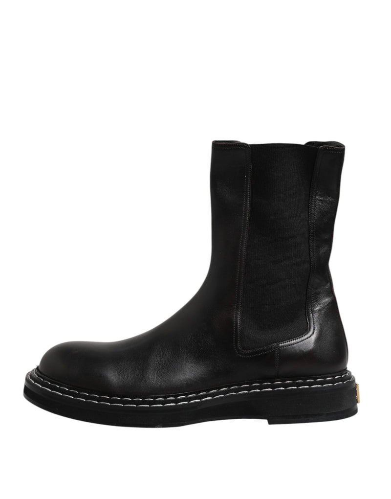 Chaussures Bottes plates à mi-mollet en cuir noir Dolce & Gabbana
