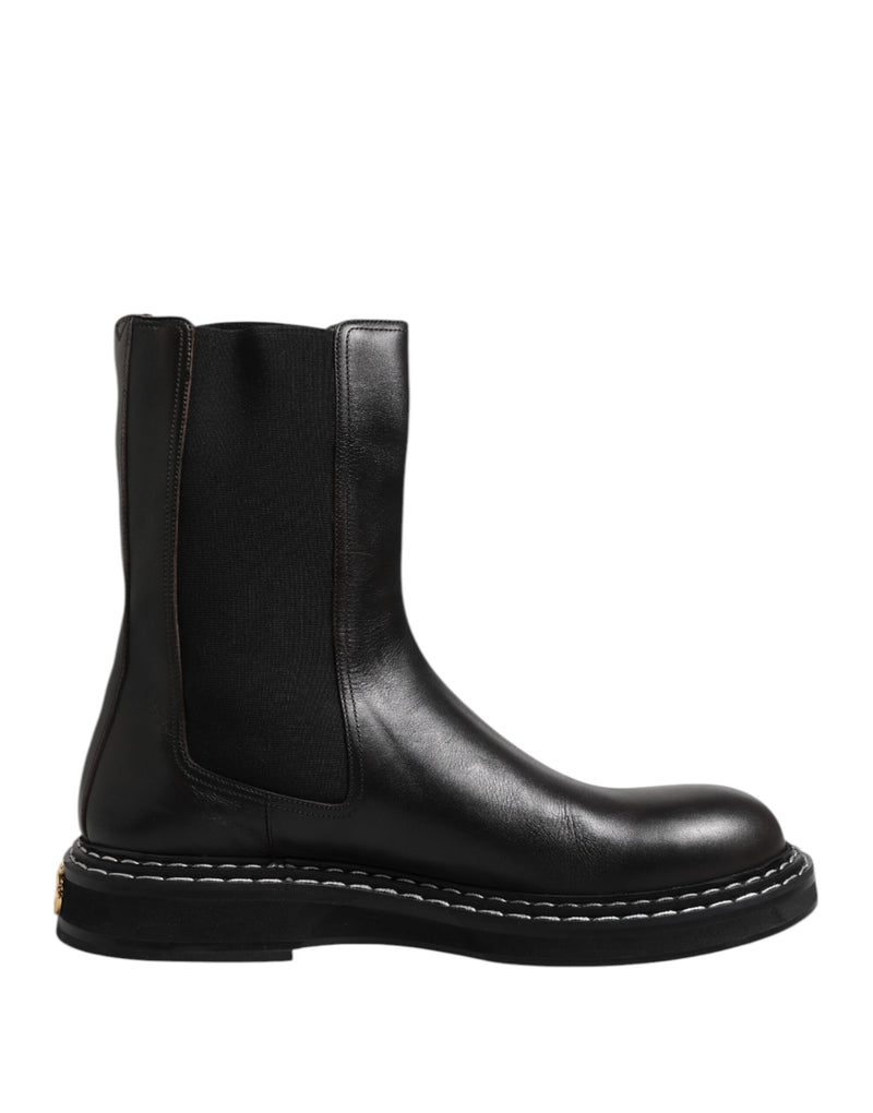 Chaussures Bottes plates à mi-mollet en cuir noir Dolce & Gabbana