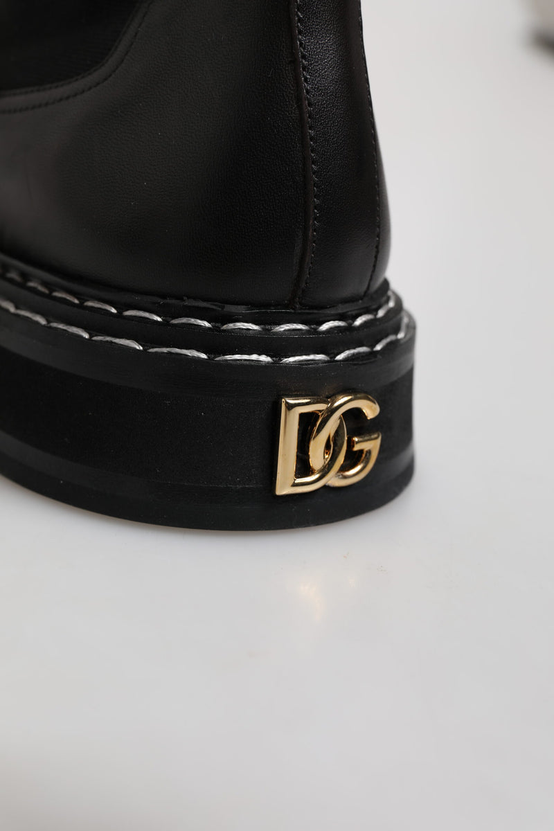 Chaussures Bottes plates à mi-mollet en cuir noir Dolce & Gabbana