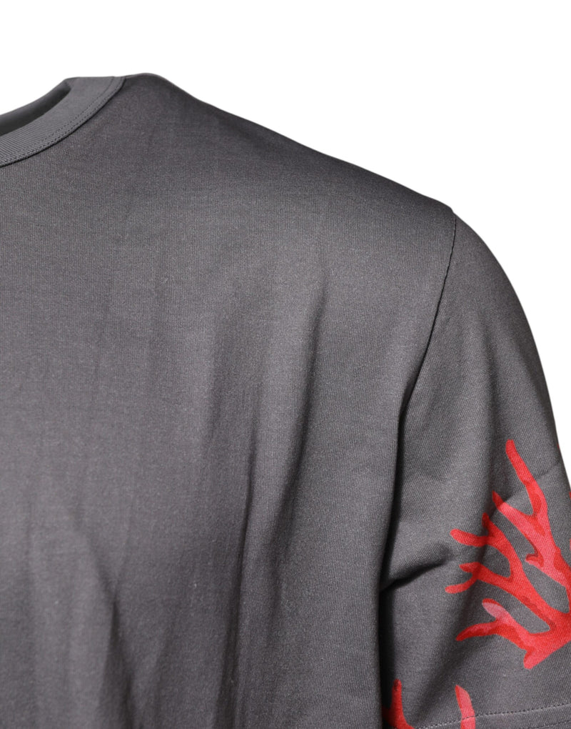 Dolce & Gabbana Gray Cotton Coral Print Logo Plaque T-shirt
