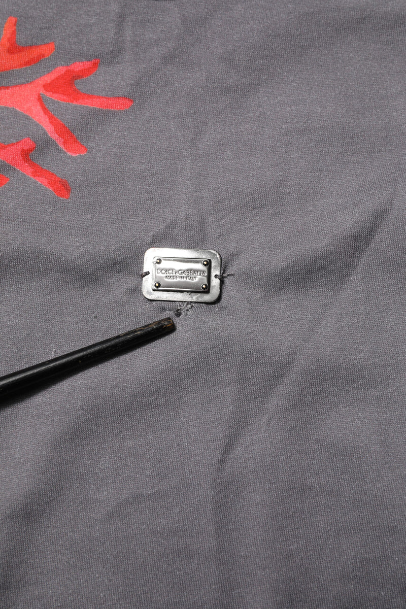 Dolce & Gabbana Gray Cotton Coral Print Logo Plaque T-shirt