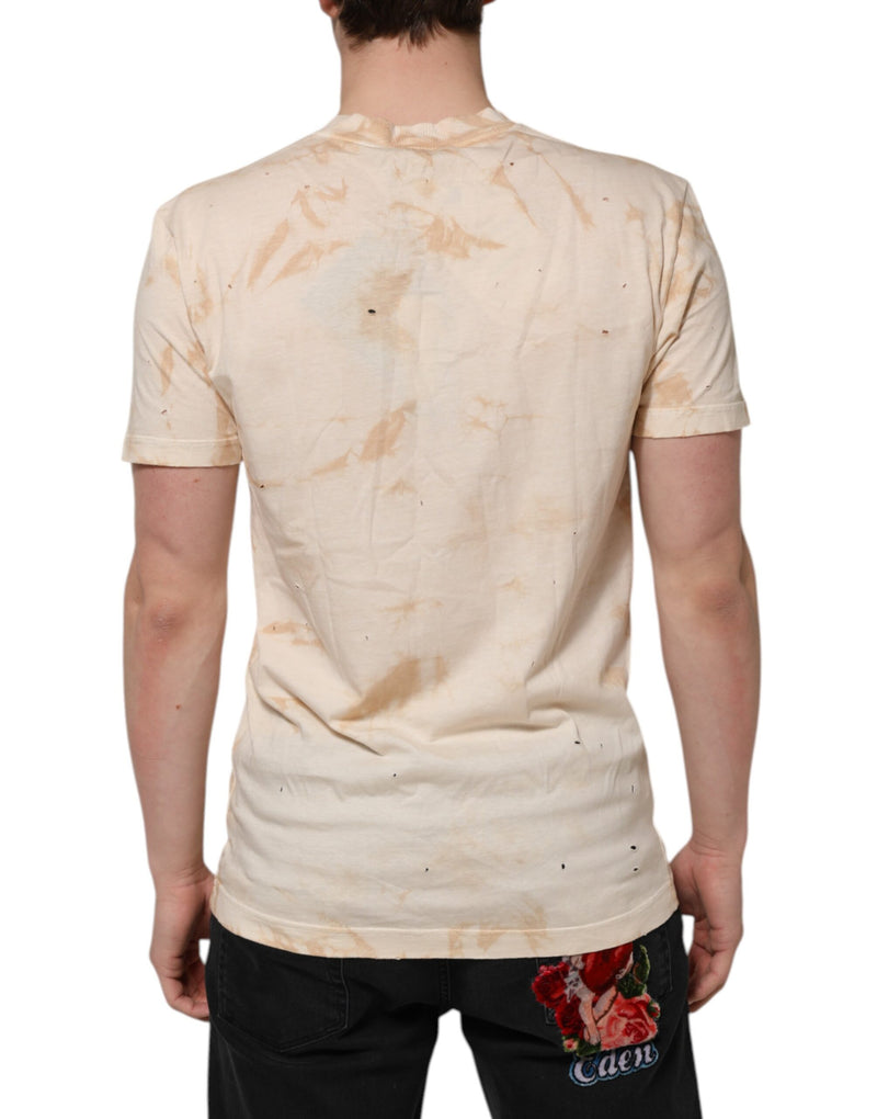 Camiseta bege de manga curta e decote em V com estampa do logotipo Dolce & Gabbana