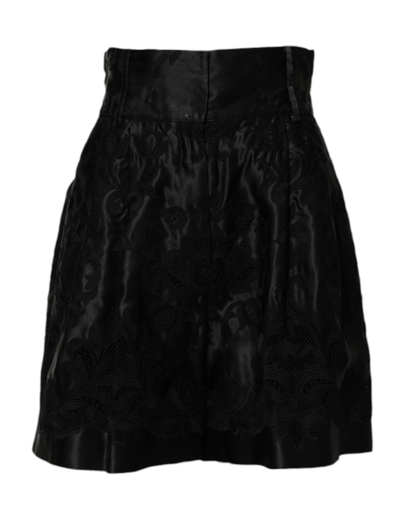 Short preto de seda com bordado floral e cintura alta Dolce & Gabbana