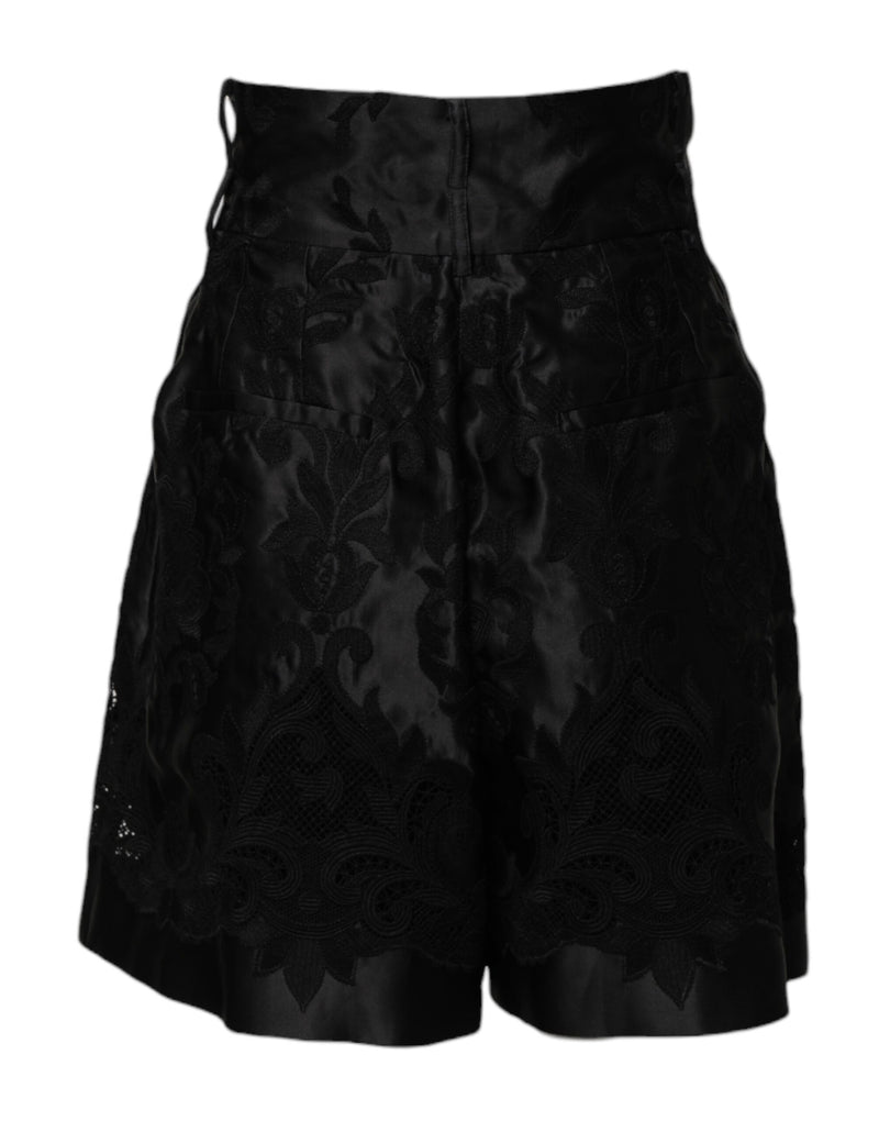 Short preto de seda com bordado floral e cintura alta Dolce & Gabbana