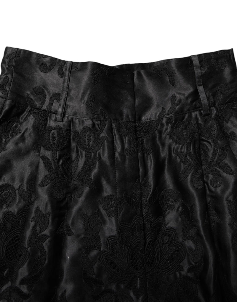 Short preto de seda com bordado floral e cintura alta Dolce & Gabbana