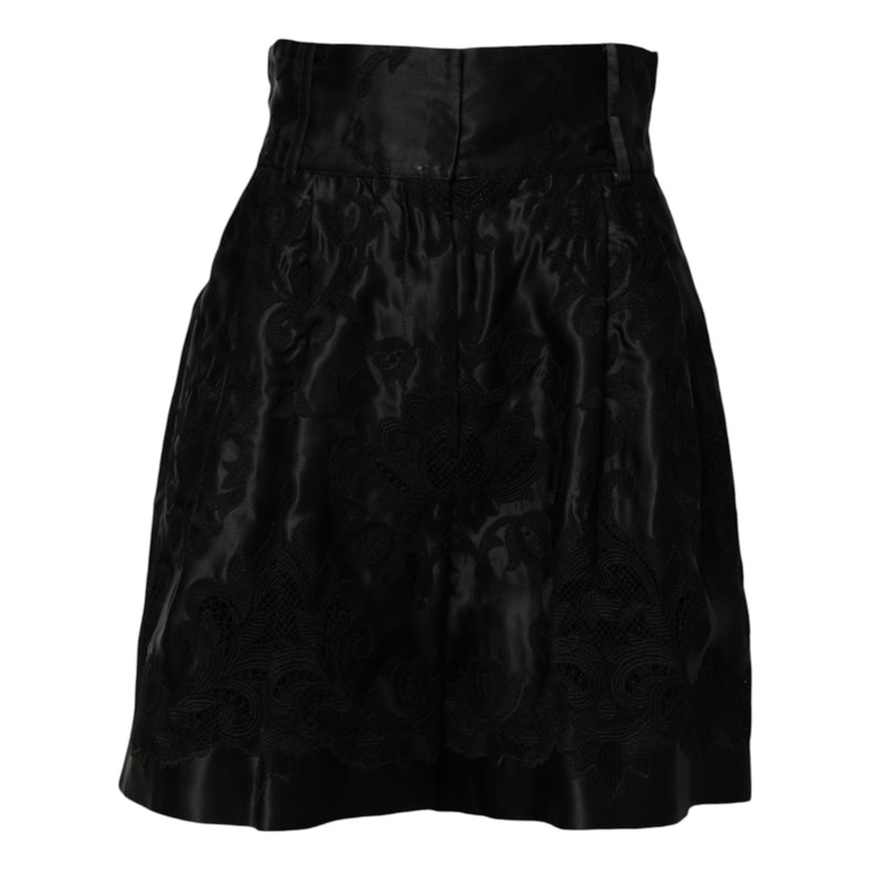 Short preto de seda com bordado floral e cintura alta Dolce & Gabbana